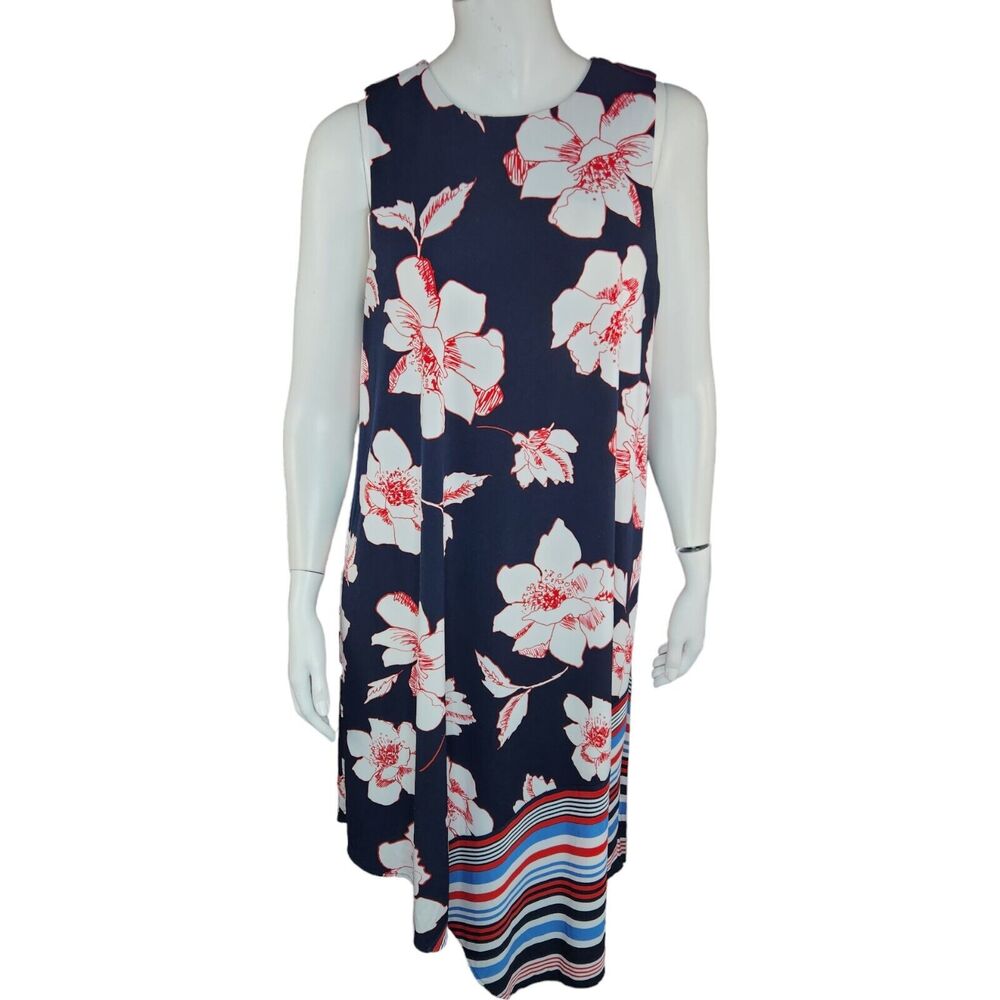 Dressbarn Navy Floral Striped Sleeveless Asymmetrical Hem Dress Womens 10 Midi